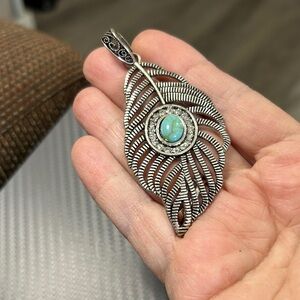 Silver Leaf Pendant Necklace with Turquoise Accent